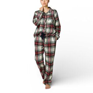 Aerie Red Plaid Flannel Pajama Set Sz L Shirt Pants Lounge Cabincore PJ Soft
